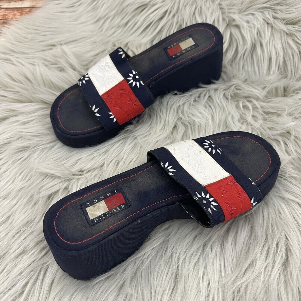 Tommy Hilfiger Women's Platform Slide Sandals Size 8.5 Chunky Y2K Flag Spellout - Picture 6 of 9